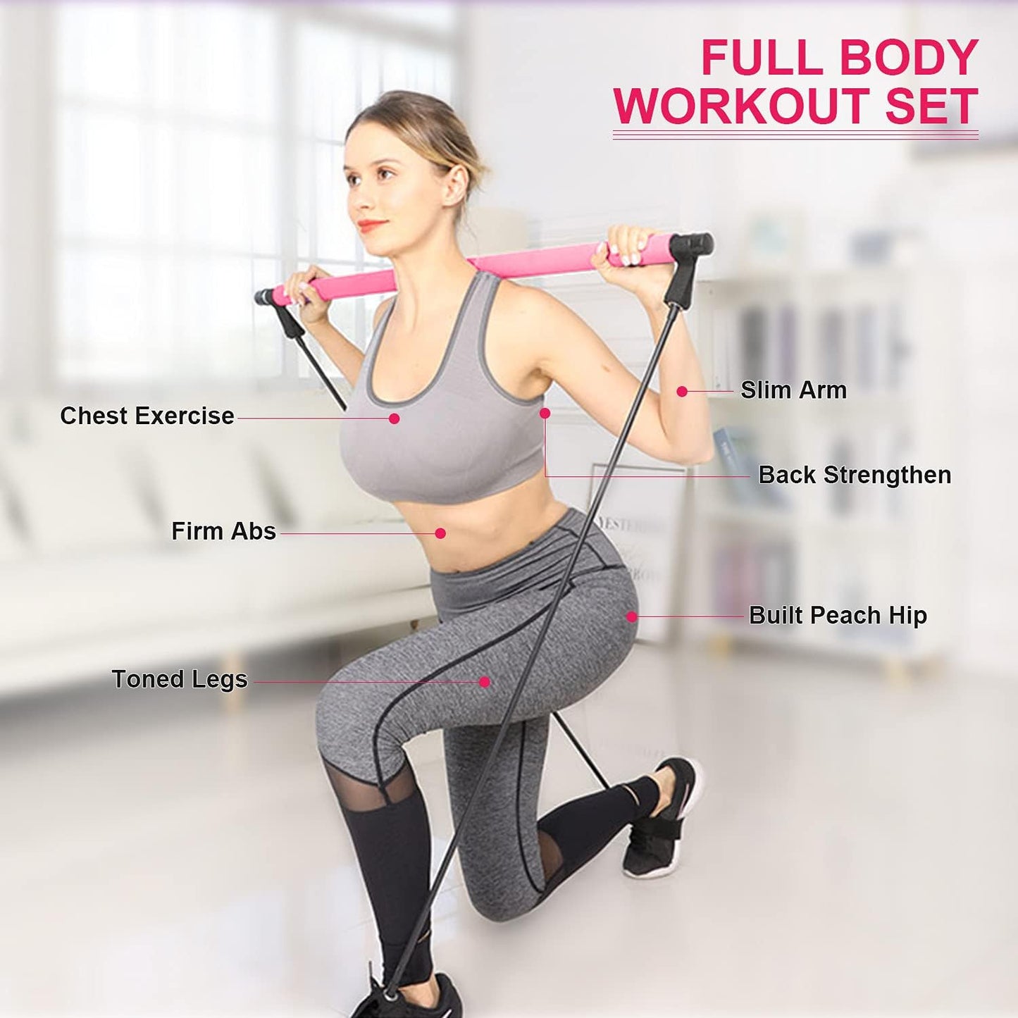 Pilates Bar Kit with Resistance Band - Portable Yoga Pilates Stick Exercise Stick with Foot Loop Fitness Stretching Equipment Home Gym Bodybuilding for Fully Body Workout (Pink)