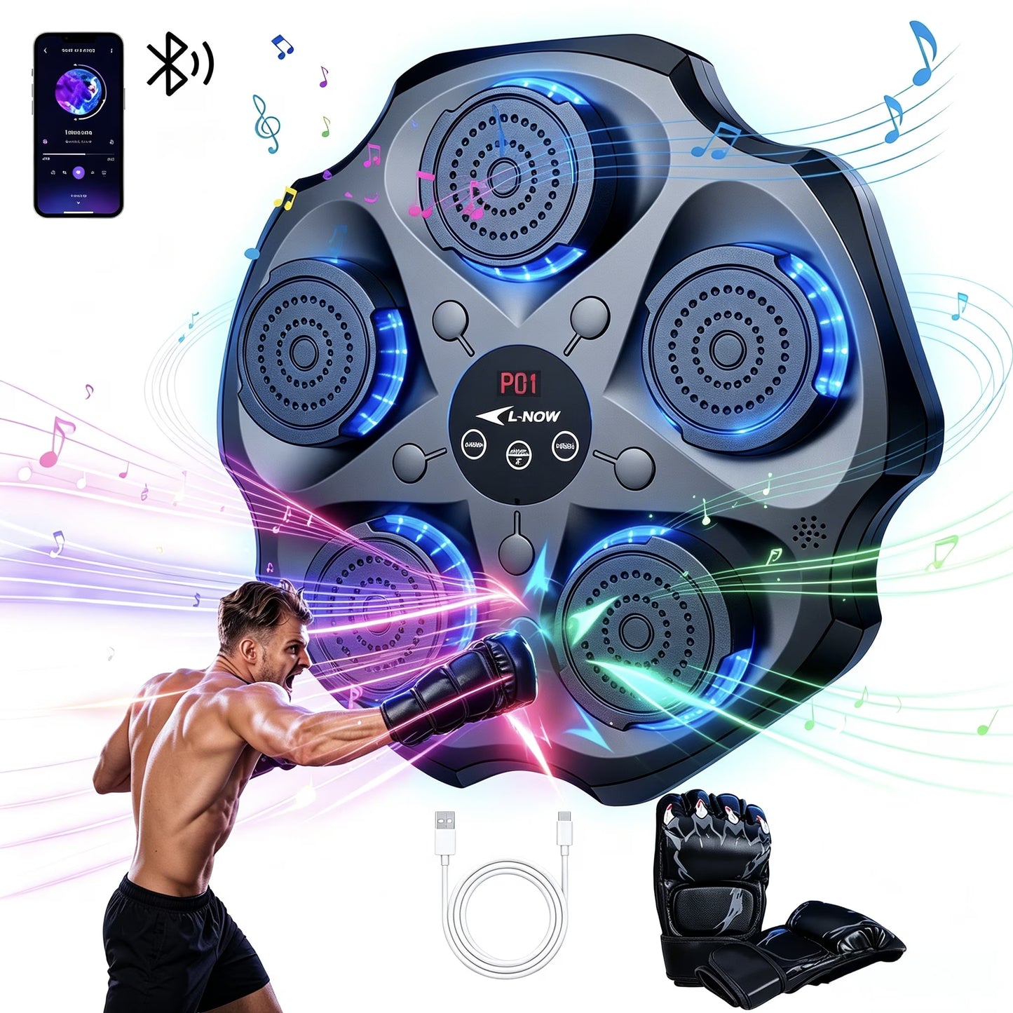 Music Boxing Machine with Boxing Gloves, Wall Mounted Smart Bluetooth Music Boxing Trainer, Electronic Boxing Target Workout Punching Equipment for Home, Indoor and Gym